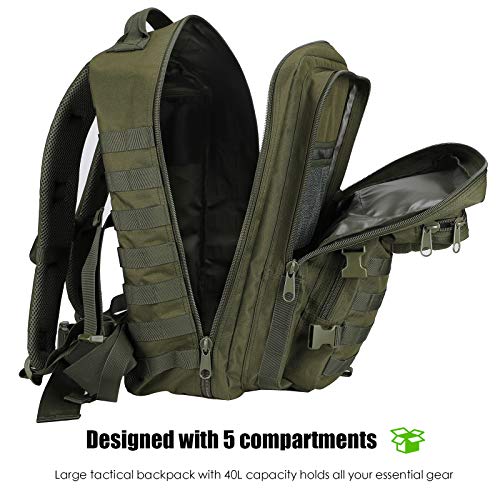 Procase Mochila Táctica Militar 40L, Paquete de Asalto MOLLE de Gran Capacidad para Utilidad Militar, Bolsa de Emergencia de 3 Días para Caza Senderismo Acampada y Actividad al Aire Libre -Verde