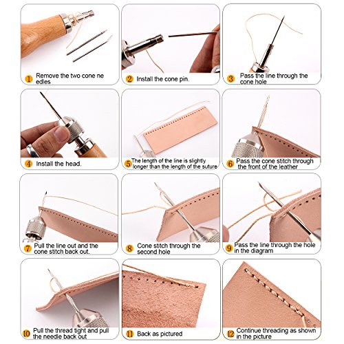 Profesional Speedy Stitcher Costura Awl Kit, Aguja de la Mano de Coser,L¨ªnea de Cera Tallada Hecha a Mano Herramientas de Cuero con 2 Pcs Agujas, Bobina e hilados