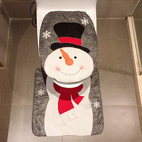 Pveath - Juego de 2 piezas de decoración para inodoro con diseño de Papá Noel, muñeco de nieve y reno, incluye funda para asiento de inodoro y alfombra roja de Navidad, decoración para el baño