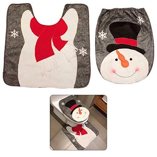 Pveath - Juego de 2 piezas de decoración para inodoro con diseño de Papá Noel, muñeco de nieve y reno, incluye funda para asiento de inodoro y alfombra roja de Navidad, decoración para el baño