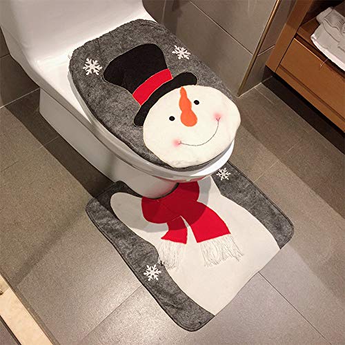 Pveath - Juego de 2 piezas de decoración para inodoro con diseño de Papá Noel, muñeco de nieve y reno, incluye funda para asiento de inodoro y alfombra roja de Navidad, decoración para el baño