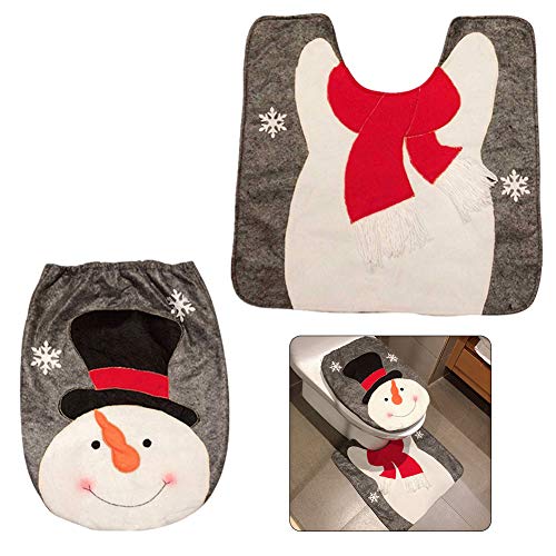 Pveath - Juego de 2 piezas de decoración para inodoro con diseño de Papá Noel, muñeco de nieve y reno, incluye funda para asiento de inodoro y alfombra roja de Navidad, decoración para el baño