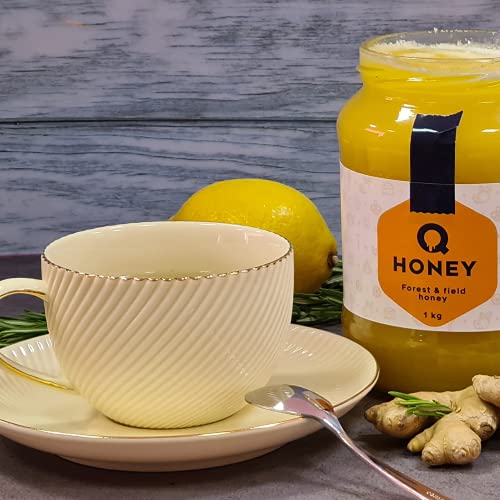 Q-Honey Miel de Abeja Pura, Miel Cruda, 100 % Miel Pura Natural Honey Sin Filtrar Sin Azúcar, Alta Concentración de Minerales 1kg Tarro de cristal