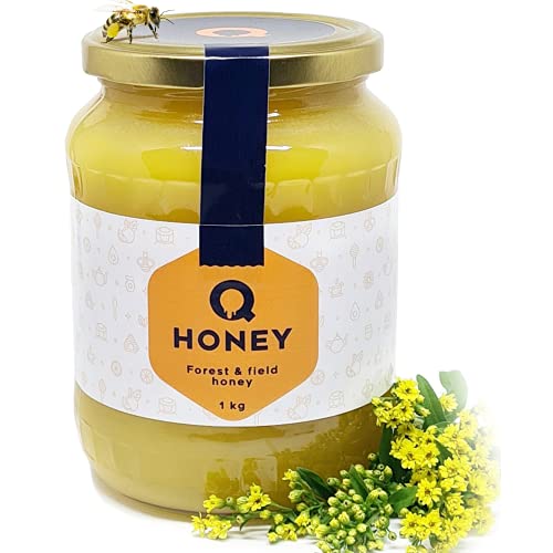 Q-Honey Miel de Abeja Pura, Miel Cruda, 100 % Miel Pura Natural Honey Sin Filtrar Sin Azúcar, Alta Concentración de Minerales 1kg Tarro de cristal