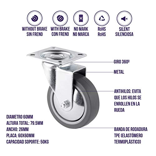 QC-EMILY60G22P 4 Ruedas para muebles 2 con freno y 2 sin freno Placa de montaje y tornillos incluidos. No marca el suelo. Silenciosa. Cojinete Liso. (60, GRIS)