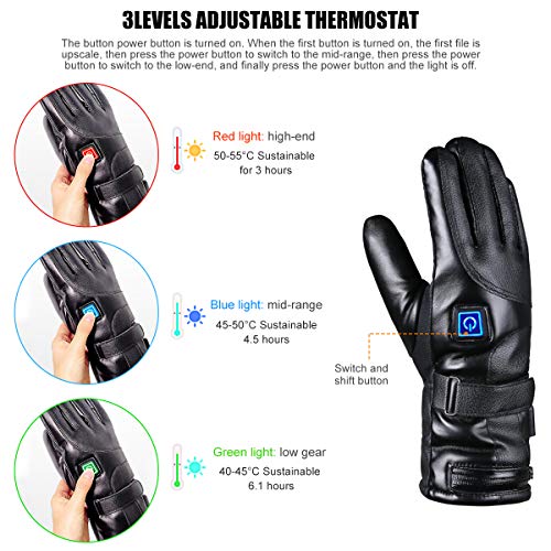 Qdreclod Guantes Calefactables Cuero Eléctricos Recargable para Hombre y Mujer con 3 Temperaturas Ajustables, Invierno Impermeable Guantes Moto Calefactables, Ideal para Esquí, Senderismo, Equitación