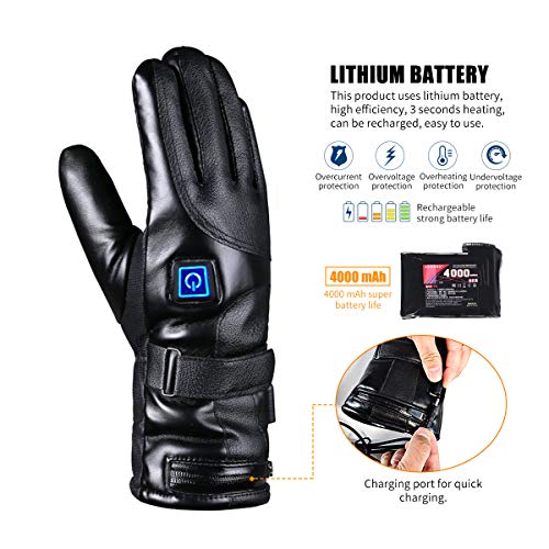 Qdreclod Guantes Calefactables Cuero Eléctricos Recargable para Hombre y Mujer con 3 Temperaturas Ajustables, Invierno Impermeable Guantes Moto Calefactables, Ideal para Esquí, Senderismo, Equitación