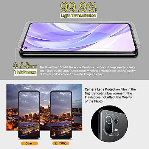 QHOHQ 3 Piezas Protector de Pantalla para Xiaomi Mi 11 Lite 4G＆5G con 3 Piezas Protector de Lente de Cámara,Cristal Templado Membrana,9H Dureza - HD - Anti-Arañazos - Sin Burbujas - Fácil de Instalar