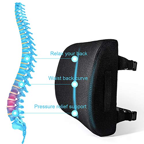 Qingzhuan Cojín para la Parte Inferior de la Espalda Cojín de Alivio Lumbar Cojín de Espuma viscoelástica Cojín de Malla Transpirable para Silla con Correas Ajustables (2 Piezas, Negro)