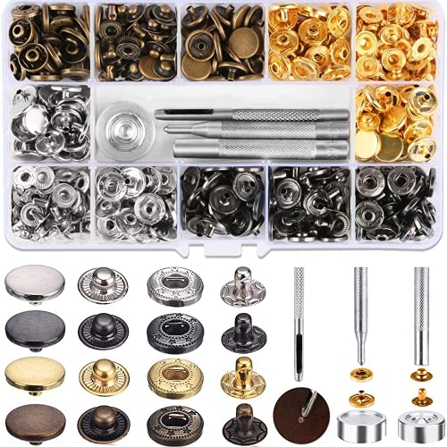 Qoosea Botones Presión Metalicos 120Set Corchetes Presion Metal Artesanía + 4PCS Herraminetas, Botones Automáticos, 12,5mm para Ropa, Jeans, Bolsos (12.5mm)