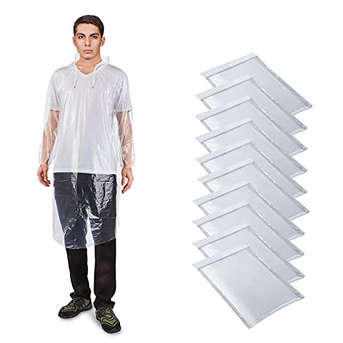 QSWY Adultos Poncho Impermeable ,10Pcs Poncho lluvia, Chubasquero, Transparente PE Poncho de Emergencia Impermeable, con Capucha y Mangas Cordón, Impermeables de Emergencia, Exteriores, Viajes