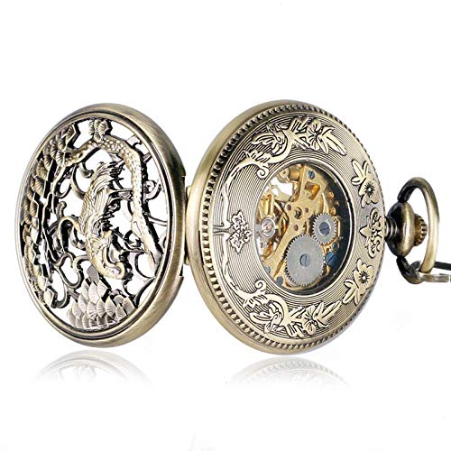 QTWW Reloj de Bolsillo y Pulsera Reloj de Bolsillo Reloj de Bolsillo con tamaño de grúa Bronce Mujer Hombre Mecánico Esquelético Cadena Retro Collar de Cuerda Manual Números Romanos Bronce