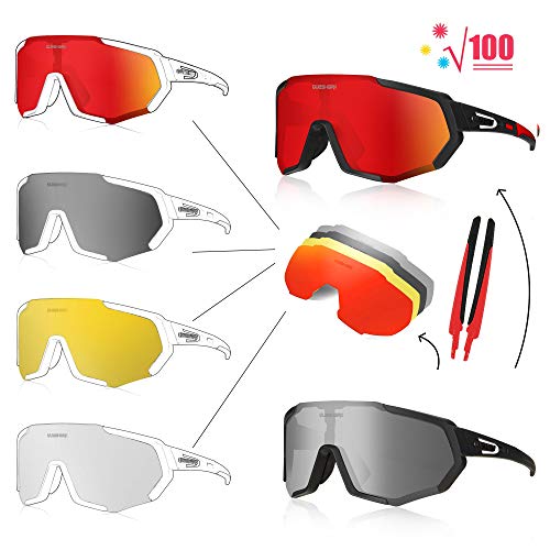 Queshark Gafas Ciclismo CE Certification 1 Polarizadas 4 HD Lentes Intercambiables UV 400 Gafas,Corriendo,Moto MTB Bicicleta Montaña,Camping y Actividades al Aire Libre para Hombres y Mujeres TR-90