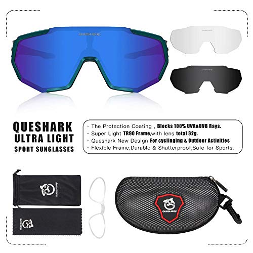 Queshark Gafas de Ciclismo Polarizadas Gafas de Sol Deportivas con Montura TR90 Gafas de Bicicleta para Hombres Mujeres con 3 Lentes Intercambiables Anti-UV400