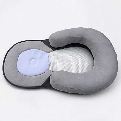 QWET Almohada Infantil, Almohada Correctora De Cabeza Anti-Deflexión para Recién Nacidos, Sillón Reclinable Portátil Y Transpirable, Adecuado para Siestas Y Viajes (0-12 Meses),Gris