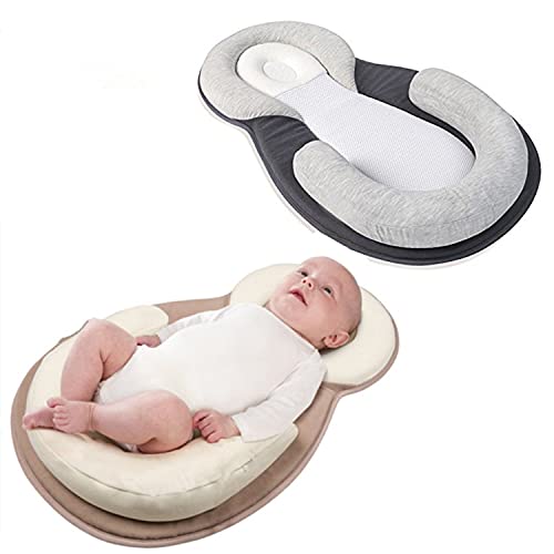 QWET Almohada Infantil, Almohada Correctora De Cabeza Anti-Deflexión para Recién Nacidos, Sillón Reclinable Portátil Y Transpirable, Adecuado para Siestas Y Viajes (0-12 Meses),Gris