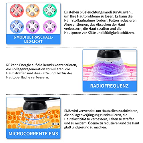 Radiofrecuencia Facial Aparato Ultrasonido 6 Modos de Terapia de luz LED Masajeador Facial Ultrasónico Antiarrugas Anti-envejecimiento Anti-Acné Rejuvenecimiento Dispositivo para el Cuidado de la piel