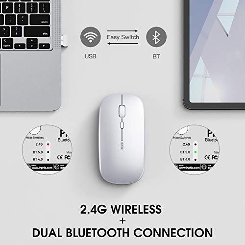 Ratón Bluetooth, Ratón inalámbrico Bluetooth Recargable silencioso de Tres Modos (BT5.0/ 4.0 + 2.4G inalámbrico), Ratón de Viaje portátil 1600DPI para computadora portátil, Android, Windows MacBook