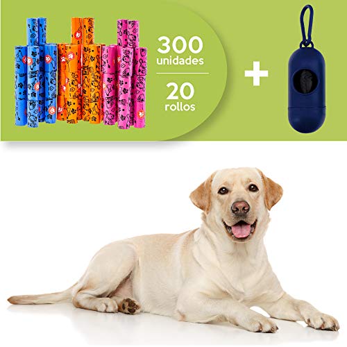 Rc Ocio Bolsas Caca Perros ecologicas con Porta Bolsa dispensador/Rollo bolsitas Baratas/higienicas para excrementos Perro Grande y pequeñas/recogedor de heces y excremento de Mascotas (300 Bolsas)