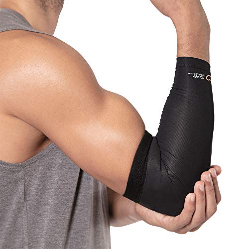 Recuperación de compresión de cobre codo manga, # 1 más alto contenido en cobre garantizada. Mejor cobre con ajuste – desgaste en cualquier lugar. Apoyo para entrenamientos, golfistas y codo de tenista, artritis, tendinitis (tamaño mediano)