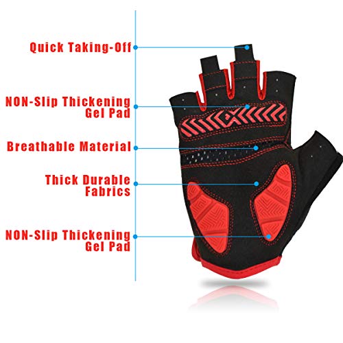 REETEE Guantes de Bicicleta Medio Dedo Guantes para Hombres Mujeres Antideslizante Transpirable Guantes de Ciclismo Guantes Deportivos Cortos para al Aire Libre de Ciclismo (Rojo, L)