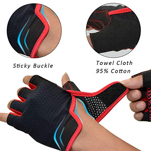 REETEE Guantes de Bicicleta Medio Dedo Guantes para Hombres Mujeres Antideslizante Transpirable Guantes de Ciclismo Guantes Deportivos Cortos para al Aire Libre de Ciclismo (Rojo, L)