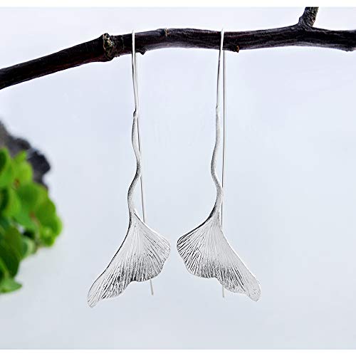 Regalo para ti Springlight S925 Pendientes colgantes de plata esterlina Pendientes colgantes de hoja de ginkgo vintage para mujeres y niñas(Silver)