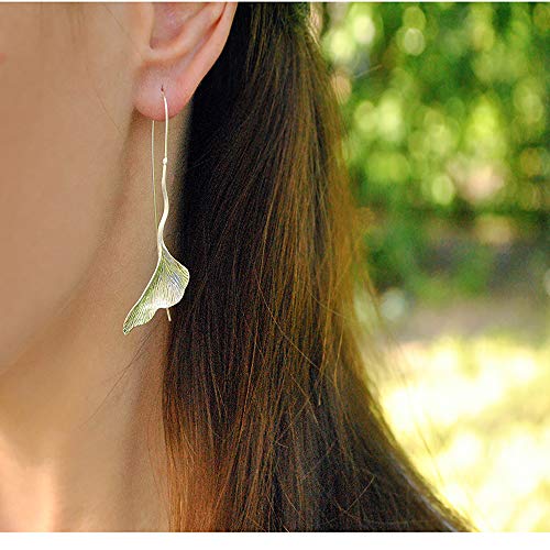 Regalo para ti Springlight S925 Pendientes colgantes de plata esterlina Pendientes colgantes de hoja de ginkgo vintage para mujeres y niñas(Silver)