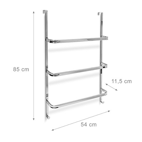 Relaxdays, 85 x 54 x 11,5 cm, Croma Toallero con 3 Barras, Tipo de Puertas, sin Agujeros, de Acero Inoxidable Cromado, con 2 Ganchos de Estilo Moderno para baño y Cocina, Plateado, Plata