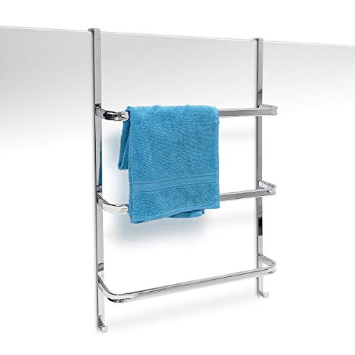 Relaxdays, 85 x 54 x 11,5 cm, Croma Toallero con 3 Barras, Tipo de Puertas, sin Agujeros, de Acero Inoxidable Cromado, con 2 Ganchos de Estilo Moderno para baño y Cocina, Plateado, Plata