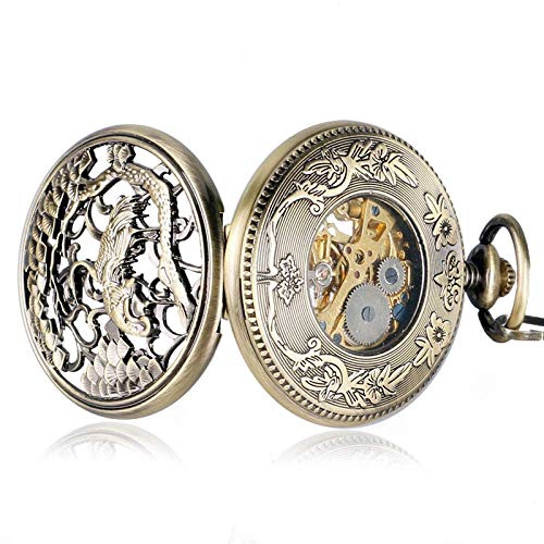 Reloj de Bolsillo con Talla de grúa Bronce Mujeres Mecánico Hombres Cadena de Esqueleto Retro Collar de Cuerda Manual Números Romanos Reloj de Bolsillo Regalos para la Familia