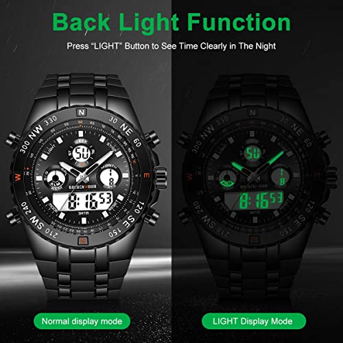 Relojes Gruesos para Hombres, cronómetro Deportivo Resistente al Agua, Cara Enorme, Alarma de Fecha, Digital Ligero, Reloj de Pulsera analógico Militar de Acero Inoxidable con Banda de Goma (Negro)