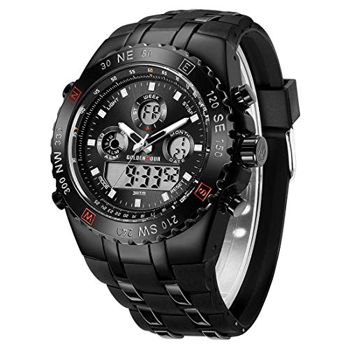 Relojes Gruesos para Hombres, cronómetro Deportivo Resistente al Agua, Cara Enorme, Alarma de Fecha, Digital Ligero, Reloj de Pulsera analógico Militar de Acero Inoxidable con Banda de Goma (Negro)