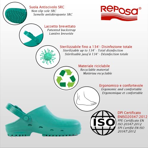 REPOSA MAX Zuecos Sanitarios, Zapatos Sanitarios Tipo Zueco, Polímero Natural Antiestático, Sin Látex, Capellada Superior Cerrada, Agujeros Laterales, Plantilla Anatómica, Suela SRC