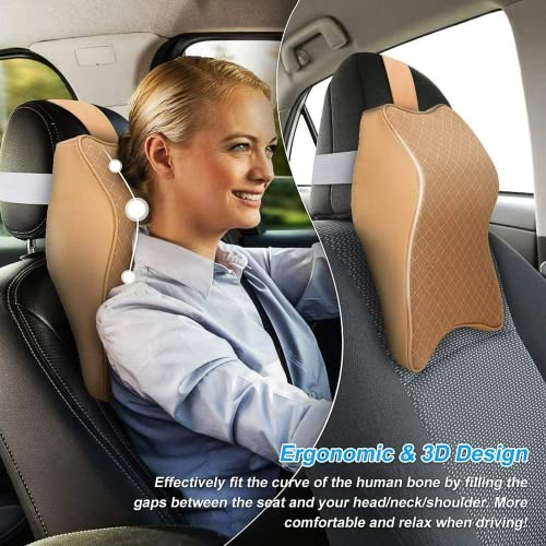 Reposacabezas Coche, MEIRRAI Cojin Cervical, Almohada Cervical para Automovil, Interior Coche, Transpirable de Espuma Viscoelástica, Alivia la Fatiga, con Funda de Malla Lavable a Mano y Piel (Negro)