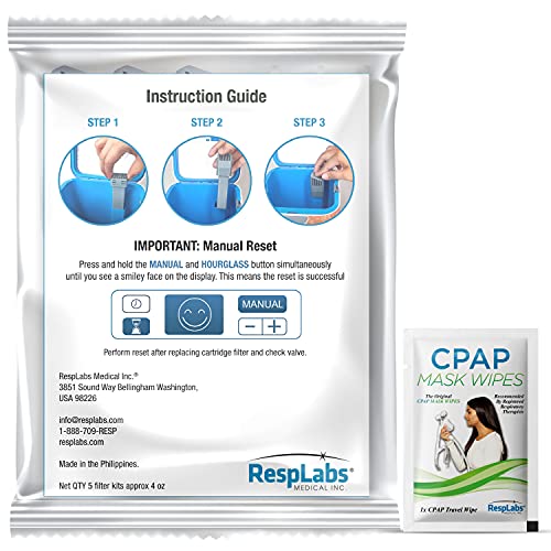 RespLabs Genérico cartucho de carbón Kit de reemplazo de filtro con válvula de presión, 5 Pack - Incluye 2 toallitas de viaje CPAP y libro electrónico CPAP Comfort Hacks.