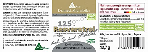 Resveratrol 125 PRO según el Dr. medicina Michalzik - 125 mg de trans-resveratrol puro y natural - con 5 mg de Piper nigrum - 70 Kpaseln - sin aditivos - de Biotikon®