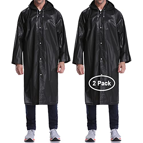 Reutilizable Chubasquero Poncho Para La Lluvia Portátil Para Adultos Sobretodo EVA Impermeable y Transpirable Con Mangas - By EnergeticSky™ (Negro - 2 Pack)