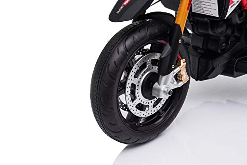 RIRICAR Moto eléctrica Aprilia DORSODURO 900, con Licencia, batería de 12V, Ruedas Suaves de EVA, Motores de 2 x 18W, suspensión, Marco de Metal, Horquilla de Metal, Ruedas auxiliares, Negro