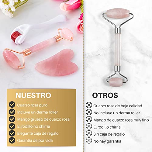 Rodillo de Cuarzo Rosa, Dermaroller y Gua Sha | Set de Regalo 3 en 1: Rodillo de Jade para la Cara, Derma Roller con Microagujas de Titanio y Masajeador Guasha | Masaje Facial y Belleza para el Rostro