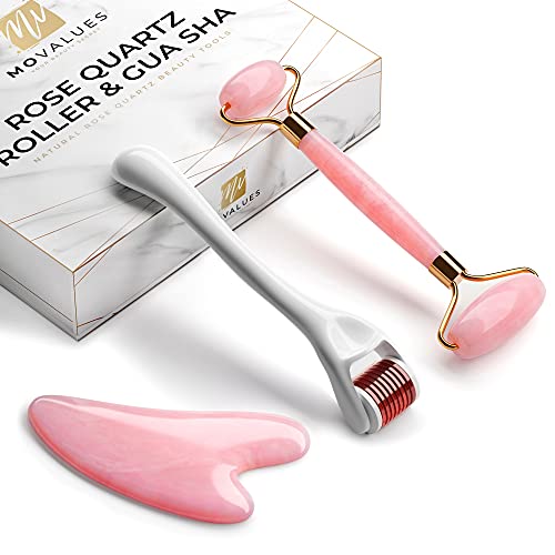 Rodillo de Cuarzo Rosa, Dermaroller y Gua Sha | Set de Regalo 3 en 1: Rodillo de Jade para la Cara, Derma Roller con Microagujas de Titanio y Masajeador Guasha | Masaje Facial y Belleza para el Rostro