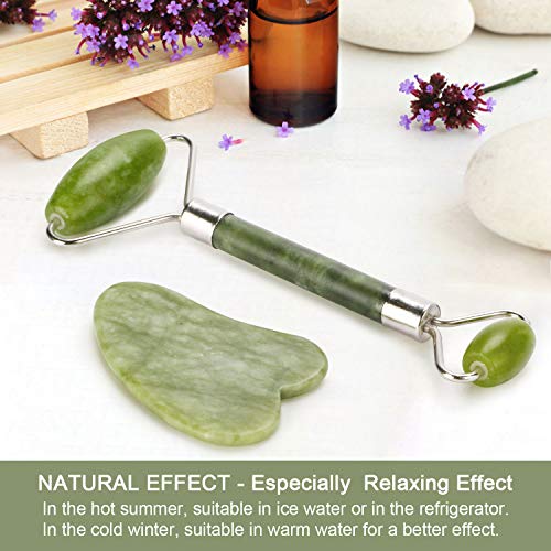 Rodillo de Jade, Aiemok Facial Masaje Piedra Gua Sha Jade, Natural Jade Roller Antienvejecedor Belleza Natural Dispositivo Herramienta Rejuvenece La Piel De La Cara Cuello y Cuerpo, Piel Que Aprieta