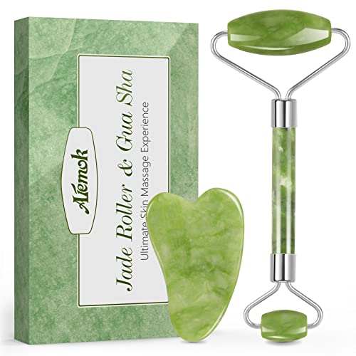 Rodillo de Jade, Aiemok Facial Masaje Piedra Gua Sha Jade, Natural Jade Roller Antienvejecedor Belleza Natural Dispositivo Herramienta Rejuvenece La Piel De La Cara Cuello y Cuerpo, Piel Que Aprieta