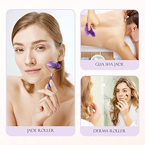 Rodillo de Jade Amatista, Rodillo Facial 3 en 1 con Gua Sha Jade y Dermaroller, Jade Roller Cuarzo Púrpura 100% Natural, Masajeador Facial Rejuvenece la Piel del Cara, Cuello y Cuerpo