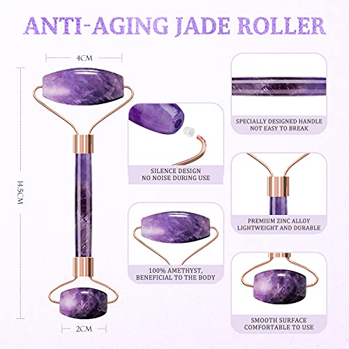 Rodillo de Jade Amatista, Rodillo Facial 3 en 1 con Gua Sha Jade y Dermaroller, Jade Roller Cuarzo Púrpura 100% Natural, Masajeador Facial Rejuvenece la Piel del Cara, Cuello y Cuerpo