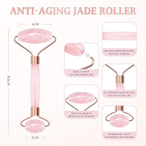 Rodillo de Jade, Masajeador Facial 3 en 1 con Gua Sha Jade y Dermaroller, Jade Roller Cuarzo Rosa 100% Natural para Masaje Facial, Rejuvenece la Piel del Rostro, Cuello y Cuerpo, Antienvejecimiento