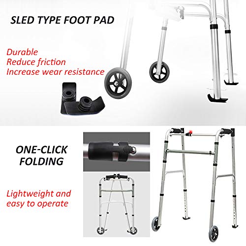 Rollator Andador Plegable con Soporte 3 En 1 con Disparador Y Ruedas Soporta hasta 160 Kg, Compacto, Ligero Y Portátil - con Pies De Trineo, Soporte Y Agarre del Brazo De Esponja