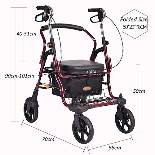 Rollator De Ruedas Ligero, Andador Plegable De 4 Ruedas con Soporte para Asiento Y Respaldo, Asas Ergonómicas con Freno, Cesta De Almacenamiento