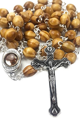 Rosario con perlas de madera de olivo para oración católica, collar con medalla de Tierra Santa y cruz de metal