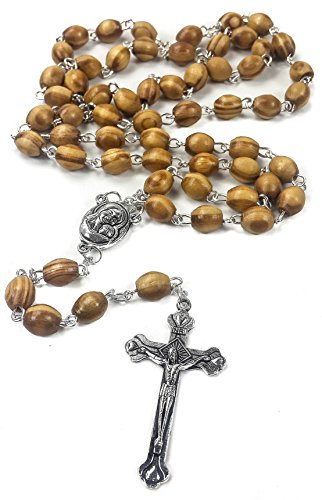 Rosario con perlas de madera de olivo para oración católica, collar con medalla de Tierra Santa y cruz de metal